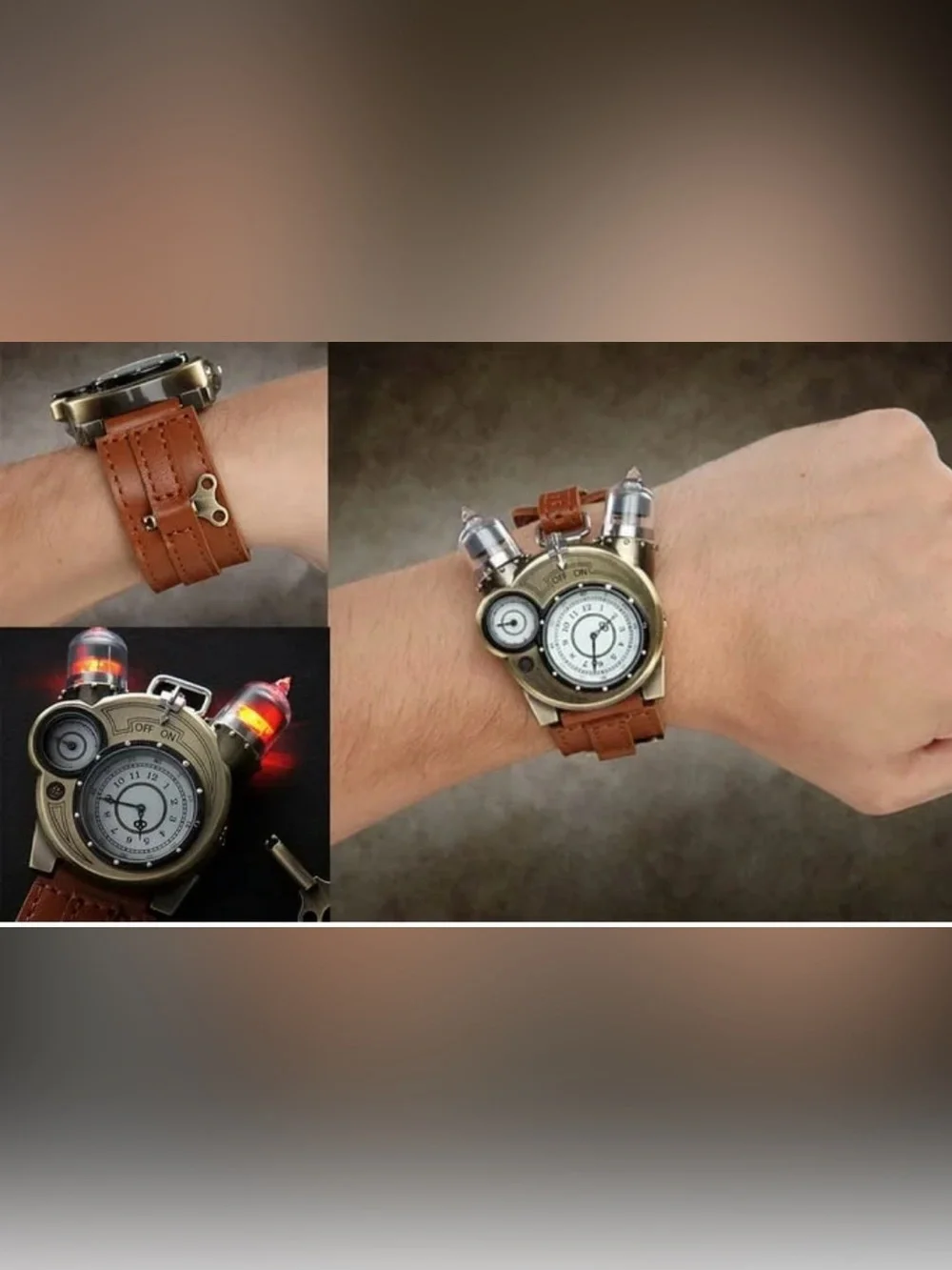 ThinkGeek Steampunk Tesla Analog Watch Leather Strap W/ Key Stainless Steel Case